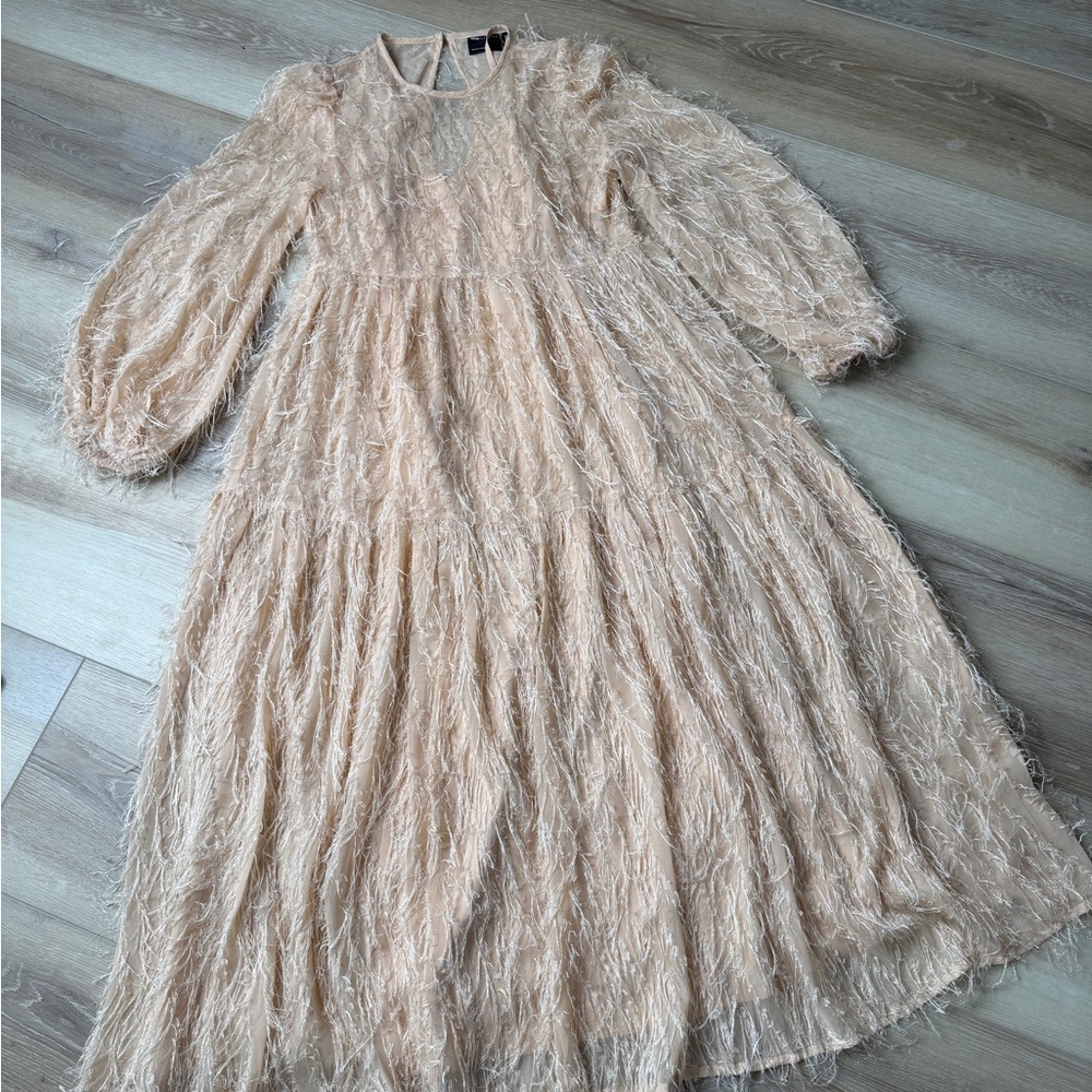ASOS Design Peach Textured Midi Dress | Sheer Feather Detail - Size XS